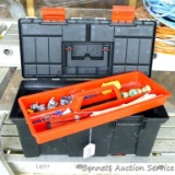 Plastic toolbox with removable tray contains wire nut connectors, wire staples, zip ties, machine