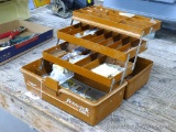 Tackle box with assorted screws, brass screws, brass nails, wooden plugs, corner brackets, more. 3