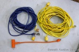 3 Construction extension cords and 3 prong adapter. Longest cord is approx 100 ft. Some have tape on