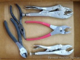 2 Irwin Vise Grips, pliers, needle nose pliers, and side cutters.
