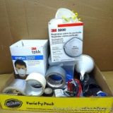 Partial box of 3M 8000 particle respirators, partial box of 3M Tekk respirators, ear plugs, tape,