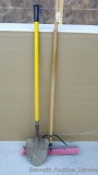 Fiberglass handled spade shovel and push broom with head is 24