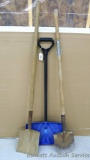 3 Shovels incl spade, flat and snow. Handle on the spade shovel is cracked and taped.