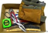 Stanley 25' Leverlock tape; wire brushes, tin snips, pliers, utility knives and a work tool pouch.