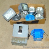 Square D 30 AMP safety switch; double halogen light; metal and plastic outlet and light boxes.