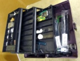 Three shelf tackle box with bow string NIP, camo tape, point inserts and more.