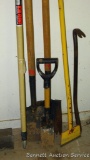 3 Metal shingle removing shovels, prybar, 6'-12' fiberglass extendible pole and metal floor scraper