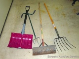 Large Truper pitch fork with nice tines, hand cultivator, snow shovel and plastic snow shovel with