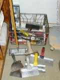 Steel milk crate with drywall tools incl mudding trowels and mudding pan. Crate is 19