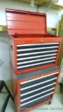 Homak top and rolling bottom tool box. Top has 6 drawers, bottom has 5 drawers, measures 29
