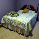 Queen bed frame, mattress, box spring and bedding. All in good condition. Headboard stands 53