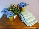 Faux hydrangea pots and pink rose planter; a bath, hand towel and washcloth in good shape.