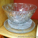Glass punch bowl, plus two glass relish trays. Larger tray is nearly 13