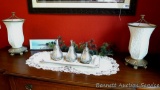 Decorative display includes two small lamps (work), Williams Sonoma platter, runner, greenery, more.