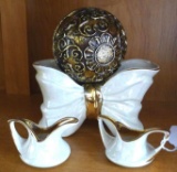 Vintage serving pieces are unmarked and include small creamer, sugar and centerpiece; other