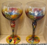 Two unique hand painted goblets are each 8-1/4
