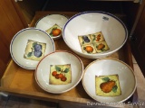 Nice salad set was made in Italy. Includes serving bowl and four serving bowls. A couple of small