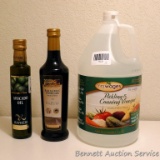 Sealed bottles of Avocado oil and Olive Garden balsamic vinegar; plus a jug of pickling and canning
