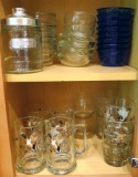 Duck patterned mugs (4) and glasses (3); other glasses; blue and clear custard cups; more.