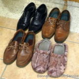 Three pair of men's shoes, plus a pair of slippers. All leather shoes are size 11 and in good used