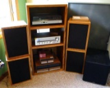 Nice stereo set up includes sturdy shelf, BIC turntable, Nikko NR-515 stereo, four speakers,