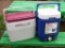 Two Coleman coolers. Beverage cooler holds 3 gallons and is 15