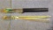 Five cedar arrows with old solid broadheads, two are missing nocks. Quiver full of aluminum arrows.