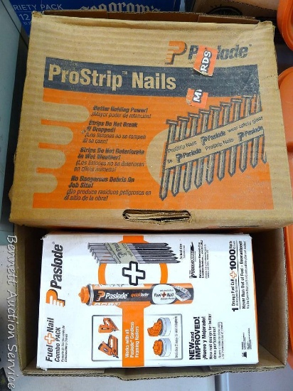 Partial boxes of Paslode ProStrip and RounDrive nails. Nails are about 2-1/8" and 3-1/4" long