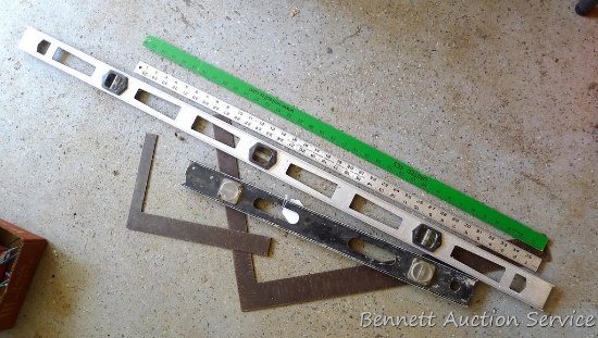 Lufkin aluminum yardstick, Stanley and other square, Miller Falls aluminum level, more.