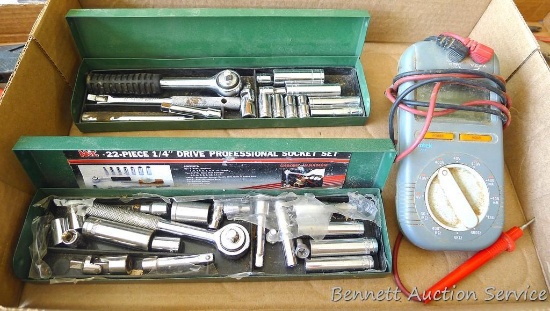 Mit 1/4" drive ratchet with metric sockets, deep well sockets, extension and universal joint; 1/4"