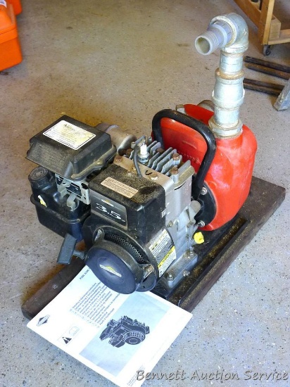 Red Lion pump model RLGF-8 has Briggs & Stratton 3.5 HP motor model 91232. Unit is mounted to wood
