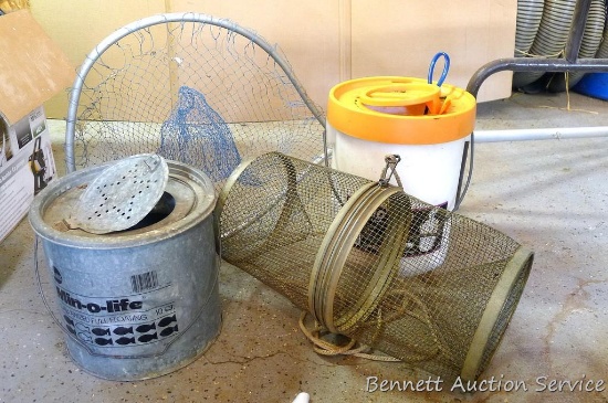 Frabill galvanized minnow bucket is 9" x 9-1/2"; Plano 722 bait bucket with net; wire minnow trap is