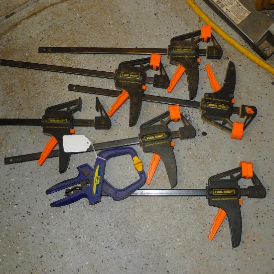 Six Tool Shop clamps and one Irwin Quick-Grip clamp. Tool Shop clamps are 19" long,
