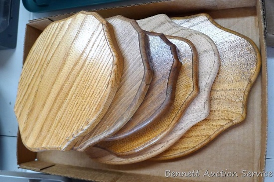 Six wooden antler mount boards, largest is 12" x 9".