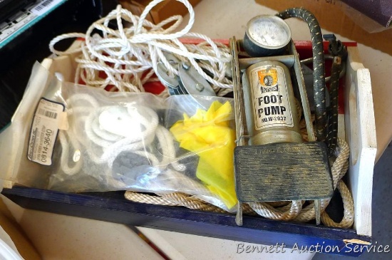 Wooden tray 10" x 16" with tire foot pump; rope ratchet; overdoor exercise strap; 4 pulley rope