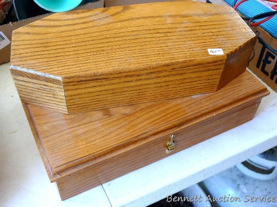 Two nice handcrafted jewelry boxes. One is oak 13" x 6" x 2-1/2" with padded interior. One is 13" x