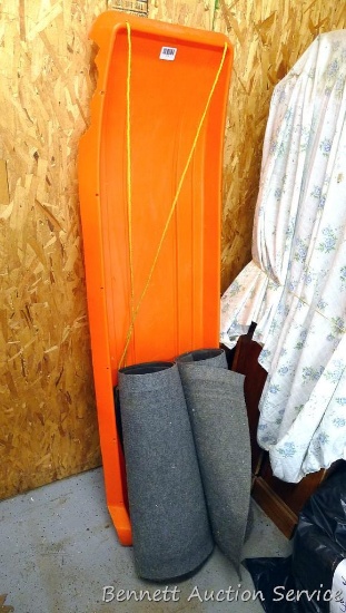 Child's sled is about 64" tall, two lengths of carpet runners. Longest runner is about 60" x 26".