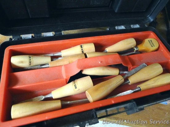 14" professional tool box with tray holds several carving tools or wood chisels, Disston burs,