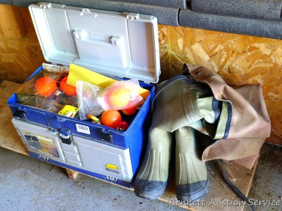 Plano Tournament Drawer tackle box and contents, plus some Pro-Line waterproof waders. Tackle box