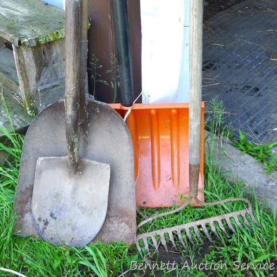 Rock rake, spade and snow shovel, more. Tallest stands 65".