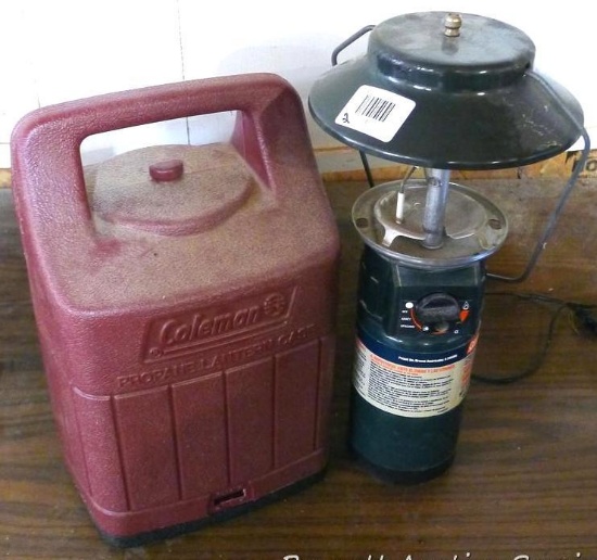 Coleman propane lantern comes with case. Stands about 2' to top of handle. Will need new mantles and