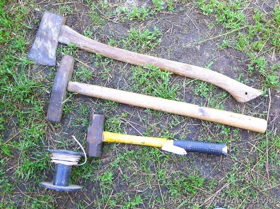 Ax, splitting wedge and a small sledge hammer. Longest is 27". Ax head is marked B1.