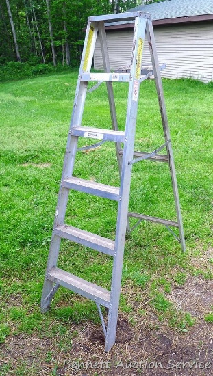 Keller step ladder is model No 936. Measures about 6' when folded. Has paint tray.