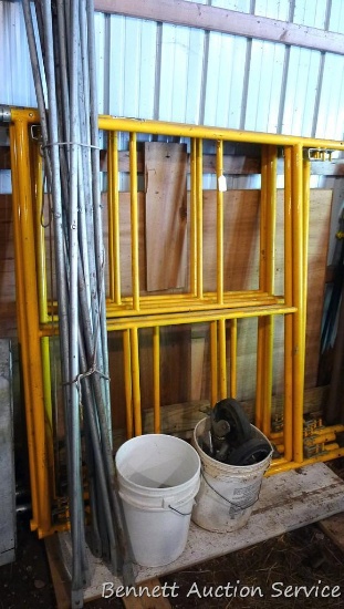 Six sections of scaffolding comes with four 8" wheels, feet, and cross braces. Scaffolding pieces