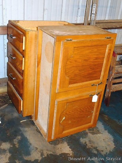 One upper and one lower cabinet. Bottom cabinet is about 18" x 25-1/2" x 34" tall; other cabinet is