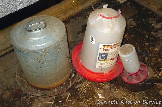 Galvanized, heated, and other chicken feeders and fountain up to about 17" x 14". Larger plastic one
