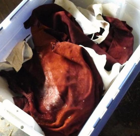Tote contains several pieces of tanned deer hides. Largest approx 35" x 54". Some mildew spots noted