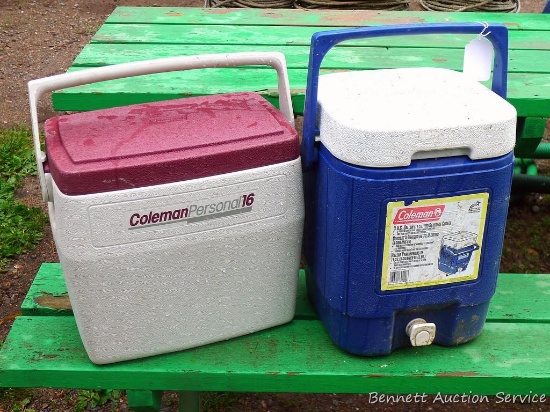 Two Coleman coolers. Beverage cooler holds 3 gallons and is 15" tall.