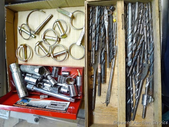 Spade bits, twist drills, assorted sockets, hitch pins.