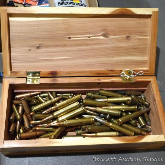 12" cedar box with assorted ammunition incl. 7mm Rem Mag, 7.9 mm, .44 Magnum, 7.62x39, .30 carbine,